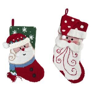 Set of 2 Santa Hooked Christmas Stockings Holiday Wool Needlepoint Style 17”